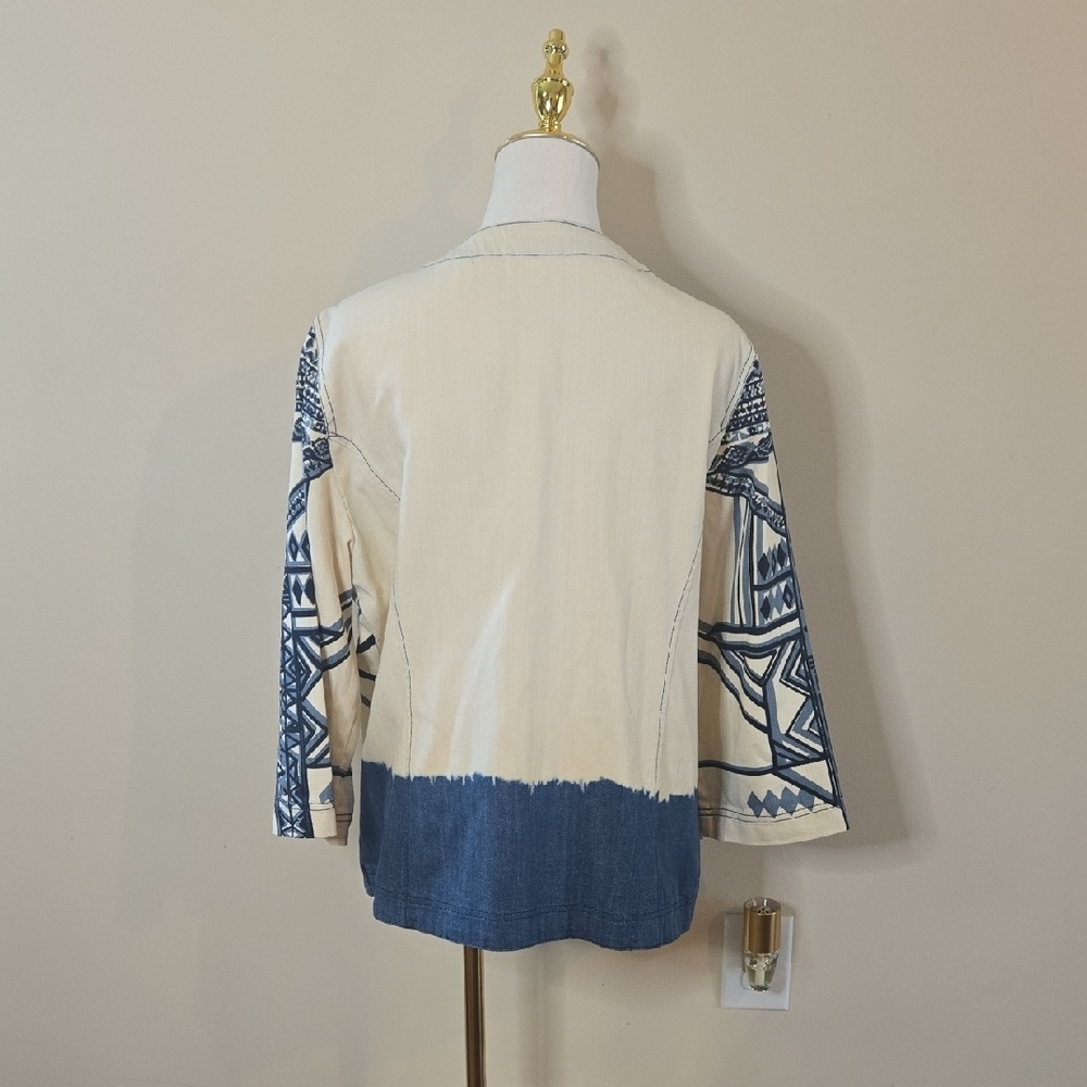 Chico's Blue Cream Jean Jacket w Geometric Sequin Design Boho Western Statement - Picture 4 of 6
